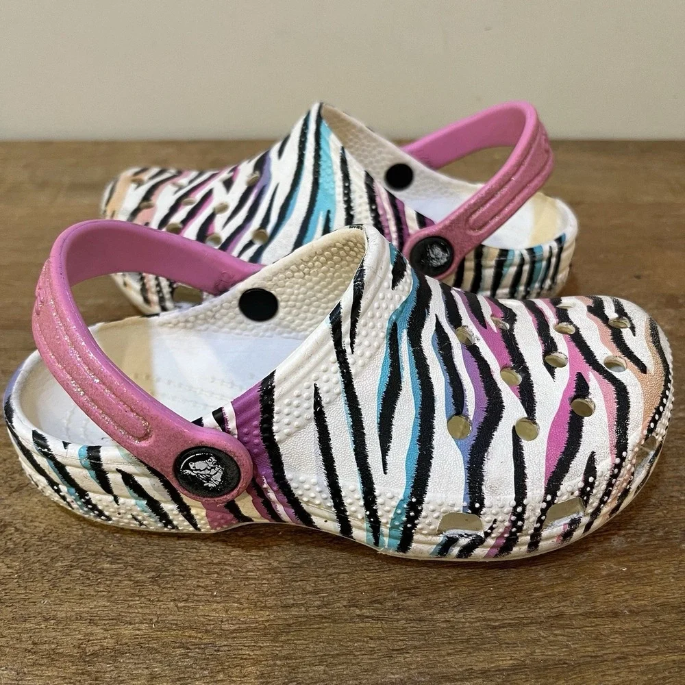 Crocs Kids C12 Classic Zebra Animal Print Clogs Pink Glitter Strap Slip On Shoes